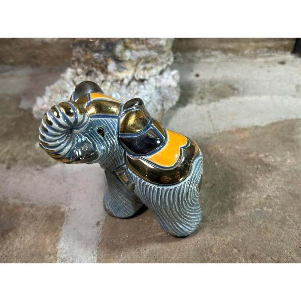 Trunk Up Blue and Gold Elephant Sculpture Figurine De Rosa Rinconada